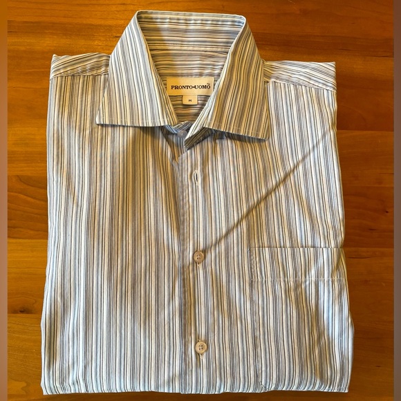 Pronto Uomo- white/blue/black striped button down shirt- M - Picture 2 of 7
